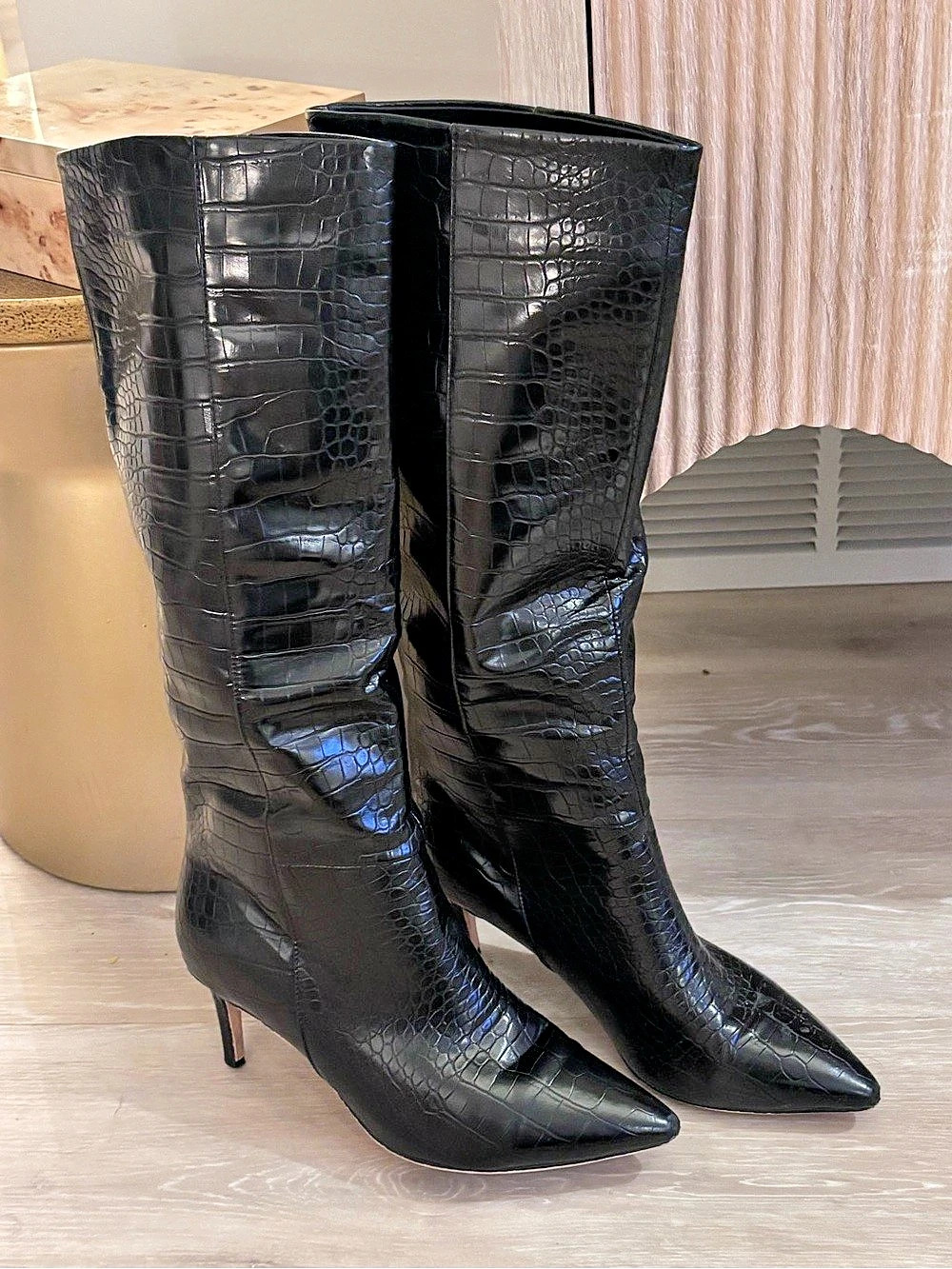 Wet Kiss Black Pointed-Toe Heeled Boots